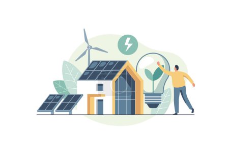 Illustration for Environmental care concept. Waste pollution and recycling problem, nature care, green energy. Use clean green energy from renewable sources. Vector illustration. - Royalty Free Image
