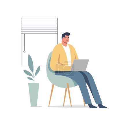Illustration for Male entrepreneur working with a laptop in a little office or home. Vector illustration. - Royalty Free Image