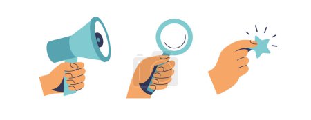 Photo for Various Hands holding things. Hands with megaphone, lupe, star. Vector illustration. - Royalty Free Image