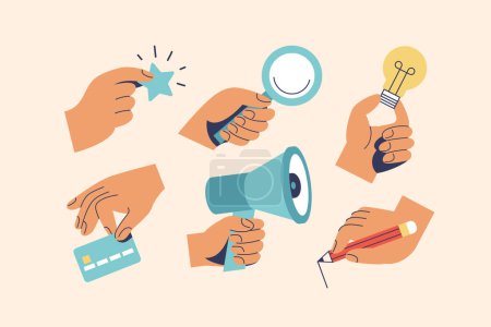 Photo for Various Hands holding things. Hands with megaphone, glass loupe, pencil, star, credit debit card and electric lamp. Vector illustration. - Royalty Free Image