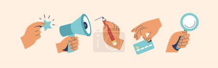 Photo for Various Hands holding things. Hands with megaphone, glass loupe, pencil, star and credit debit card. Vector illustration. - Royalty Free Image