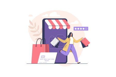 Photo for Online shopping. Happy young woman with shopping bags leaves the online store. Big seasonal sale and discount at store, shop, mall. Vector concept. - Royalty Free Image
