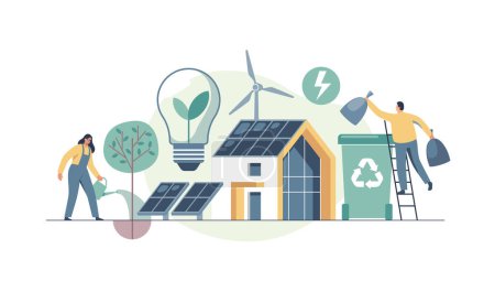 Ilustración de Environmental care and use clean green energy from renewable sources concept. Modern eco house with windmills and solar energy panels, recycling. - Imagen libre de derechos