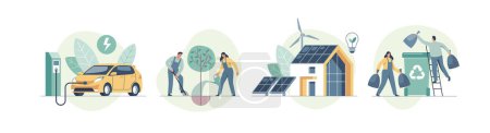 Téléchargez les illustrations : Environmental care and use clean green energy from renewable sources concept. Modern eco house with windmills and solar energy panels, electric car near charging station. Recycling. - en licence libre de droit