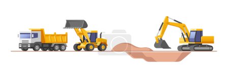 Ilustración de Construction site. Set of building machines. Construction equipment and machinery - excavator, truck, loader. Vector illustrations. - Imagen libre de derechos