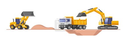 Illustration for Construction site. Set of building machines. Construction equipment and machinery - excavator, truck, loader. Vector illustrations. - Royalty Free Image