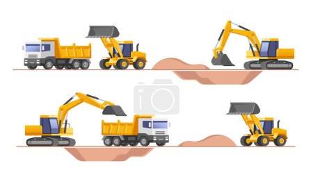 Foto de Set of building machines. Construction equipment and machinery - excavator, truck, loader. Vector illustrations. - Imagen libre de derechos