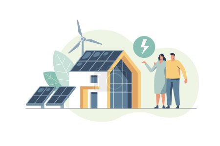 Téléchargez les illustrations : Énergie verte une maison respectueuse de l'environnement - énergie solaire, énergie éolienne. Illustration de concept vectoriel
. - en licence libre de droit