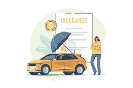 Photo for Auto insurance. Concept of car safety, assistance and protection. Woman buying or renting car and signing insurance policy. Vector illustration. - Royalty Free Image