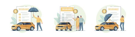 Photo for Auto insurance. Concept of car safety, assistance and protection. People buying or renting car and signing insurance policy. Vector illustration. - Royalty Free Image