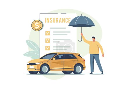Photo for Auto insurance. Concept of car safety, assistance and protection. Man buying or renting car and signing insurance policy. Vector illustration. - Royalty Free Image
