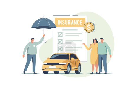 Ilustración de Auto insurance. Concept of car safety, assistance and protection. Couple buying or renting car and signing insurance policy. Vector illustration. - Imagen libre de derechos