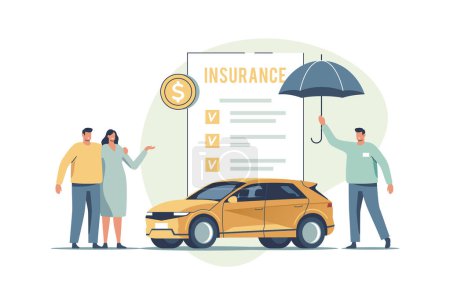 Illustration for Auto insurance. Concept of car safety, assistance and protection. Couple buying or renting car and signing insurance policy. Vector illustration. - Royalty Free Image