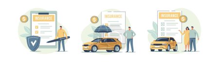 Téléchargez les illustrations : Auto insurance. Concept of car safety, assistance and protection. People buying or renting car and signing insurance policy. Vector illustration. - en licence libre de droit