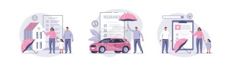Illustration for Health, car or house property insurance. Care about family life, assurance protection. Car and house safety. Vector illustration. - Royalty Free Image