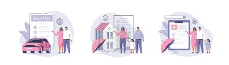 Illustration for Health, car or house property insurance. Care about family life, assurance protection. Car and house safety. Vector illustration. - Royalty Free Image