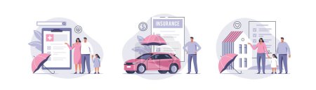 Photo for Health, car or house property insurance. Care about family life, assurance protection. Car and house safety. Vector illustration. - Royalty Free Image