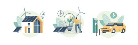 Ilustración de Environmental care and use clean green energy from renewable sources concept. Modern eco house with windmills and solar energy panels, electric car near charging station. Vector illustration. - Imagen libre de derechos