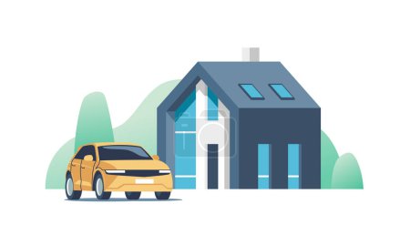 Ilustración de Suburban modern house. Family home with auto. Vector illustration. - Imagen libre de derechos