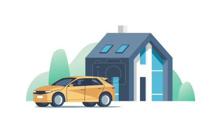 Illustration for Suburban modern house. Family home with auto. Vector illustration. - Royalty Free Image