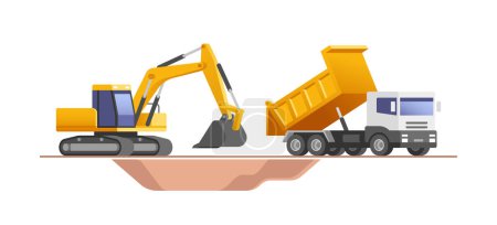 Téléchargez les illustrations : Building machines. Construction machinery - excavator, truck,. Vector illustrations. - en licence libre de droit