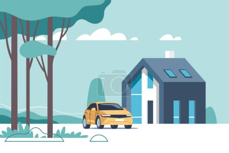 Ilustración de Suburban classic house. Family home with auto. Vector illustration. - Imagen libre de derechos