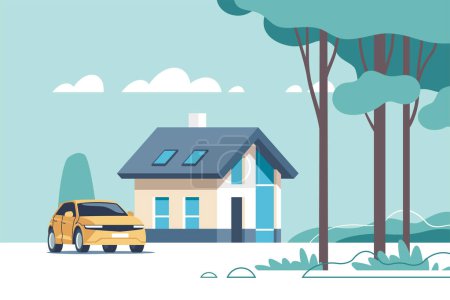 Ilustración de Suburban classic house. Family home with auto. Vector illustration. - Imagen libre de derechos
