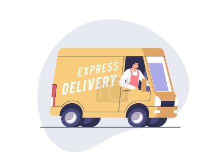 Photo for Delivery truck with man is carrying parcels. Vector illustration. - Royalty Free Image