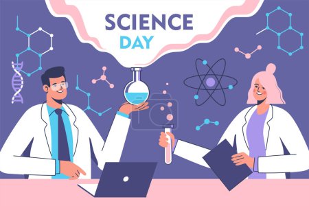 Photo for National science day. Scientists during lab scientific researches. Vector illustration. - Royalty Free Image