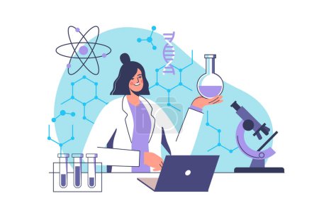Photo for Woman scientist during lab scientific researches. National science day. Vector illustration. - Royalty Free Image