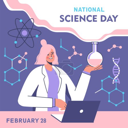 Photo for Woman scientist during lab scientific researches. National science day. Vector illustration. - Royalty Free Image