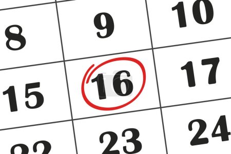 Illustration for Calendar date 16 is highlighted in red pencil. Monthly calendar. Save the date written on your calendar - Royalty Free Image