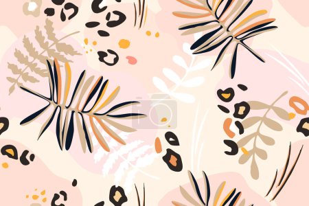 Illustration for Botanical background of abstract palm leaves and leopard skin patches. Hand drawn seamless pattern summer tropical background. Sketchy drawing of black outlines and pastel colors. wallpaper, cover - Royalty Free Image