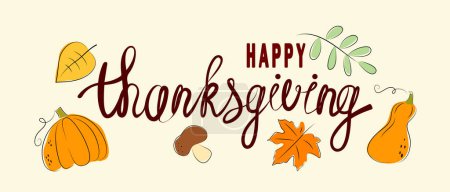 Illustration for Festive text Happy Thanksgiving. Hand-drawn calligraphic inscription with autumn leaves - Royalty Free Image