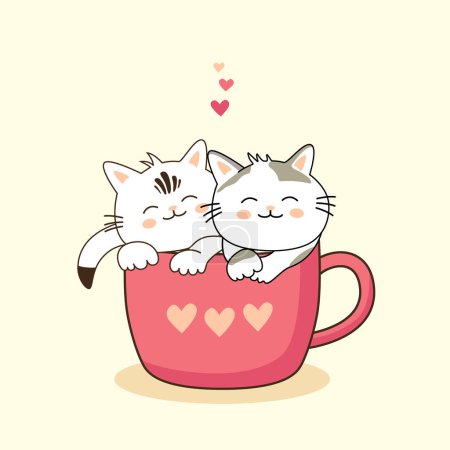 Illustration for Two cats sitting in mug with hearts - Royalty Free Image