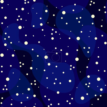 Illustration for Dark blue space background. Seamless pattern transparent liquid spots and white dots crosses stars - Royalty Free Image