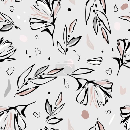 Illustration for Handmade seamless pattern summer floral background. Botanical background from abstract flowers. Sketchy drawing of black outlines and gray-pink strokes - Royalty Free Image