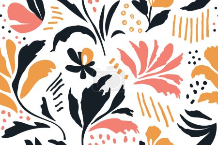 Illustration for Seamless botanical pattern, modern collage of drawings of various flowers, branches, hand drawn ink sketch - Royalty Free Image