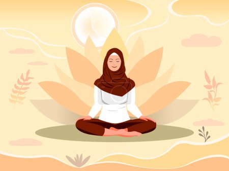 Illustration for Muslim woman in hijab, meditates, yoga, lotus flower. Spiritual practice for body and mind, relaxation and rest. Yoga vector illustration. Self-improvement for well-being and health. - Royalty Free Image