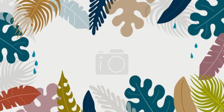 Ilustración de Modern concept design with tropical leaves, dense jungle. Minimalistic botanical frame, summer background and banner, trendy colors, summer panorama, colorful design - Imagen libre de derechos