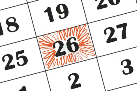 Téléchargez les illustrations : La date du calendrier 26 est surlignée au crayon rouge. Calendrier mensuel. Enregistrer la date inscrite sur votre calendrier - en licence libre de droit