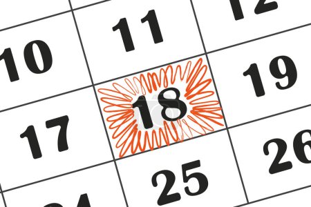 Illustration for Calendar date 18 is highlighted in red pencil. Monthly calendar. Save the date written on your calendar - Royalty Free Image