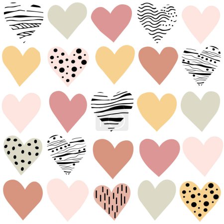 Illustration for Seamless pattern pastel tender hearts and brutal black and white design. Minimal abstract set of geometric sketches hand drawn with lines, heart shape icons - Royalty Free Image