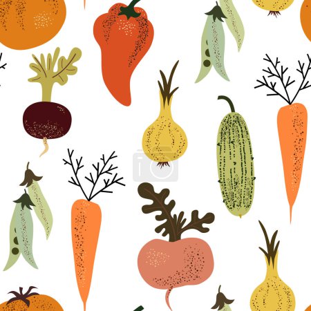 Téléchargez les illustrations : Ensemble de légumes sans couture. Légumes fond. Style scandinave. Aliments biologiques sains. Concombres, navets de betteraves, carottes, oignons, tomates, poivrons, pois verts - en licence libre de droit