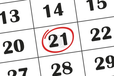 Illustration for Calendar date 21 is highlighted in red pencil. Monthly calendar. Save the date written on your calendar - Royalty Free Image
