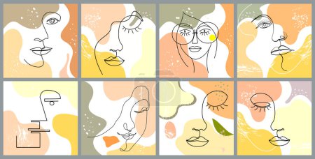 Téléchargez les illustrations : Ensemble d'illustrations abstraites dessinées à la main avec des visages féminins line art - en licence libre de droit