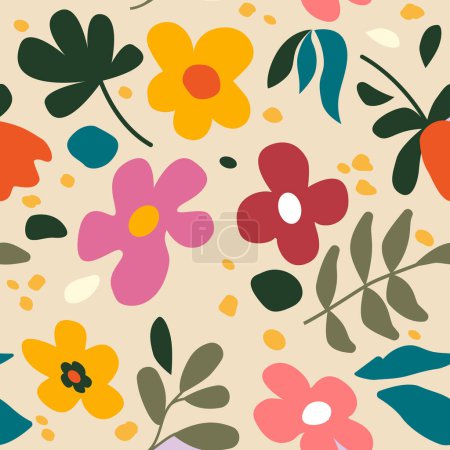 Ilustración de Patrón sin costuras de figuras botánicas abstractas en el estilo de Matisse. Plantas, flores, hojas, collage de papel. - Imagen libre de derechos