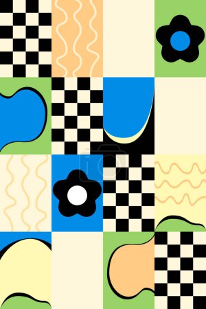 Ilustración de Patrón sin costura abstracto con flores geométricas, tablero de ajedrez en blanco y negro, formas y líneas que fluyen. Fondo en un estilo plano para Internet, redes sociales, impresión - Imagen libre de derechos