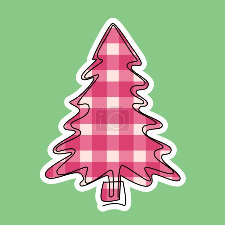 Illustration for Christmas tree decorated checkered pink pattern. Lineart and white stroke sticker. Design for holiday print, greeting card, pattern, banner. - Royalty Free Image