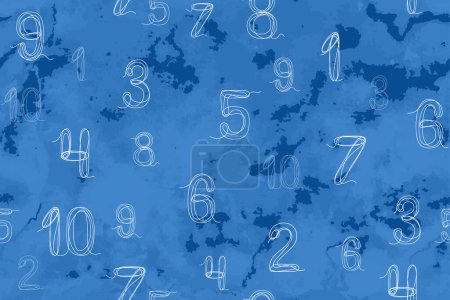 Seamless pattern of numbers. Textured watercolor aesthetic. Arabic numerals icons on watercolor blue monochrome background. Wallpaper design, modern style, fabric, textile, packaging.